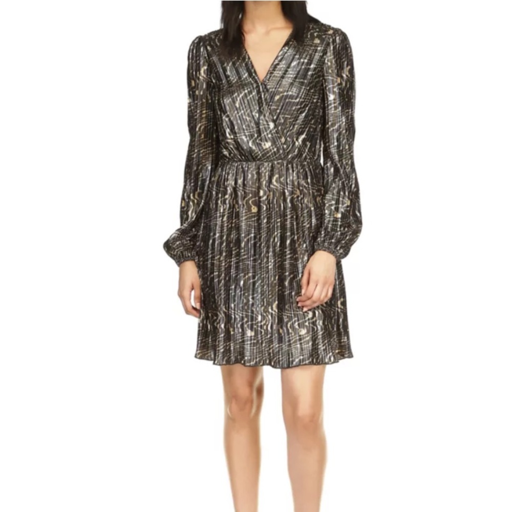 NWT Michael Kors Black & Gold Long Sleeve Pleated Foil Dress, Small